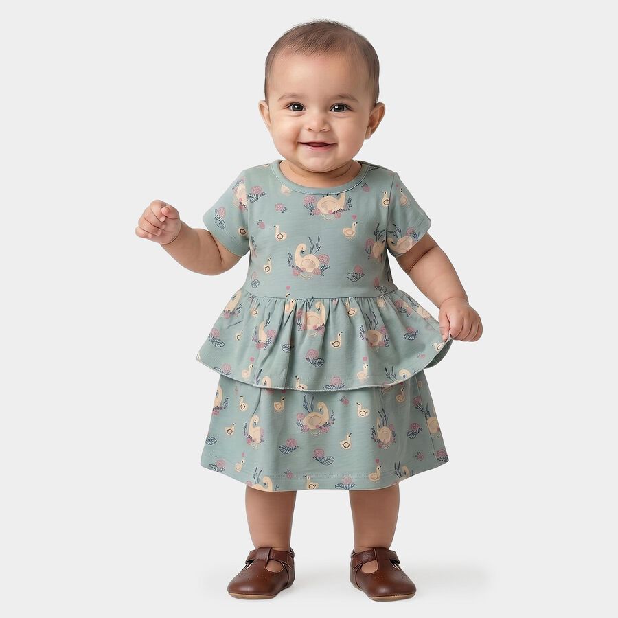 Infants' Mint Green Tiered Graphic Printed Frock, हल्का हरा, large