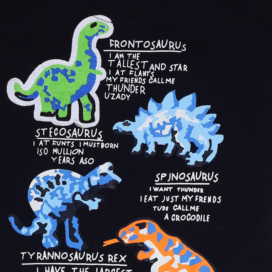 Infants' Navy Blue 100% Cotton Round Neck Dinosaur Printed Baba Suit, Navy Blue, large