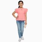 Girls Bright Coral Round Neck Casual T-Shirt, मूँगा (कोरल), small