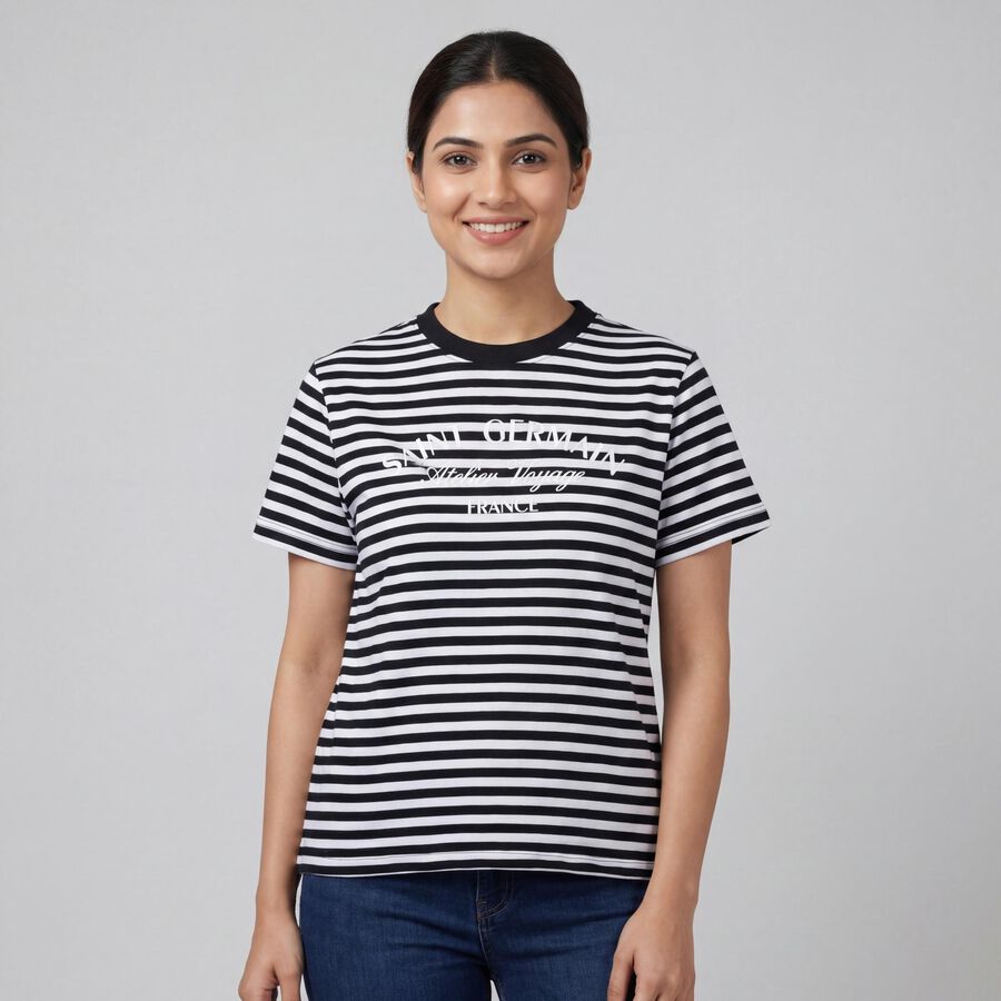 Women's Black Round Neck Casual T-Shirt, काला, large