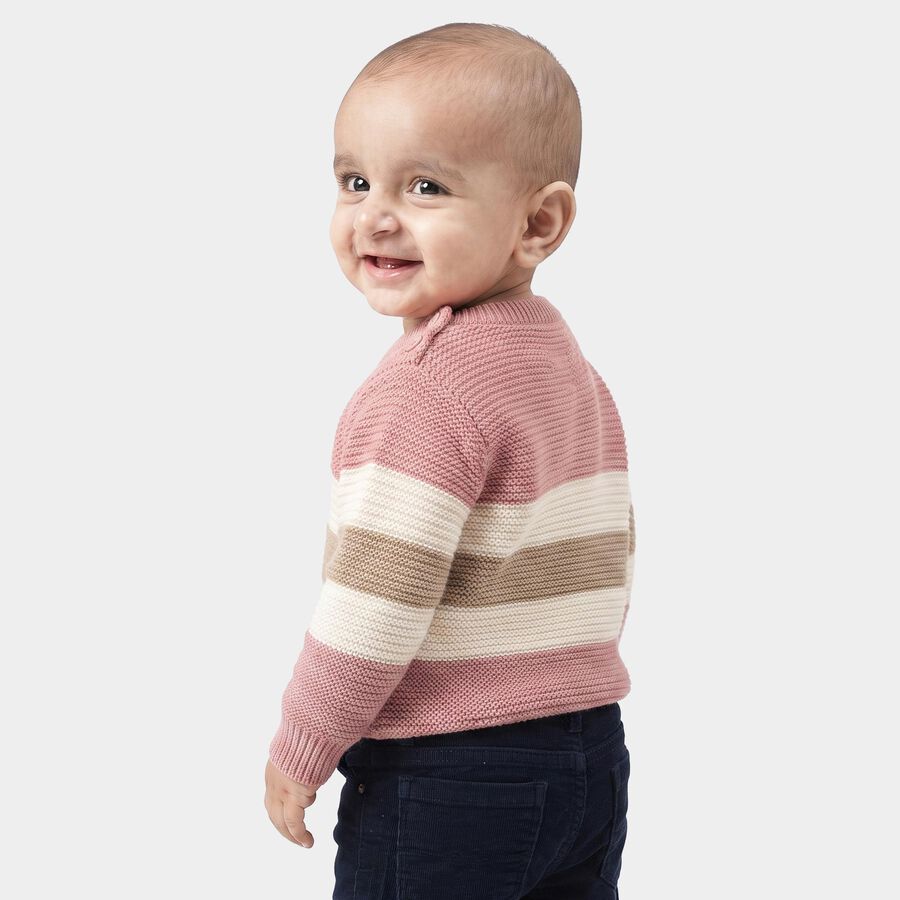 Infants' Pink Crew Neck Striped Pullover, गुलाबी, large