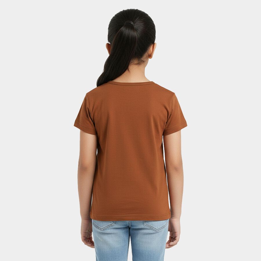 Girls Brown Cotton Blend T-Shirt, भूरा, large