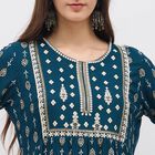 Women's Deep Teal Blue Round Neck Embroidered Kurta, टील ब्लू, small image number null