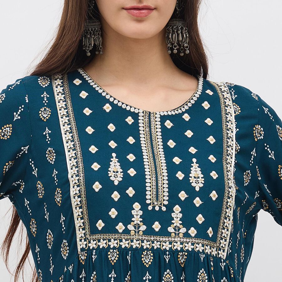 Women's Deep Teal Blue Round Neck Embroidered Kurta, टील ब्लू, large image number null