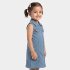 Girls' Light Blue Shift Zip Front Denim Look Frock, मध्यम नीला, small