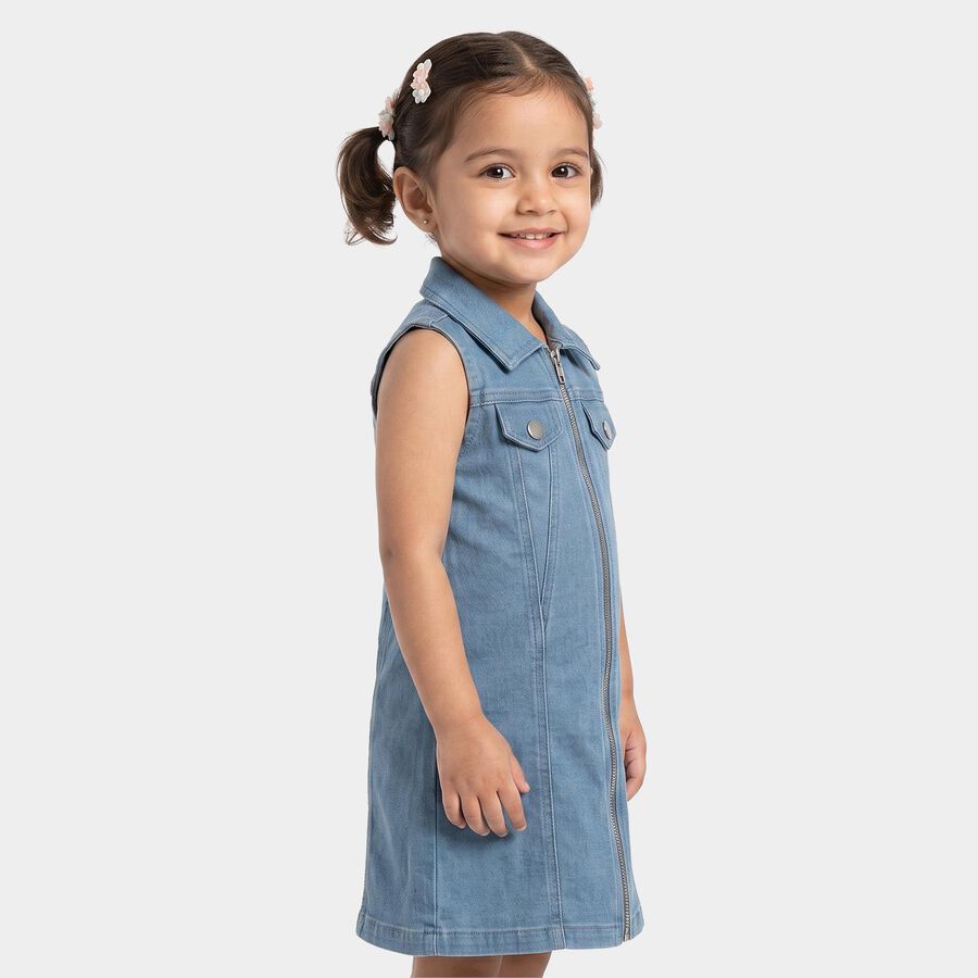 Girls' Light Blue Shift Zip Front Denim Look Frock, मध्यम नीला, large