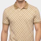 Men's Beige Cotton Polo Neck Printed T-Shirt, Beige, small