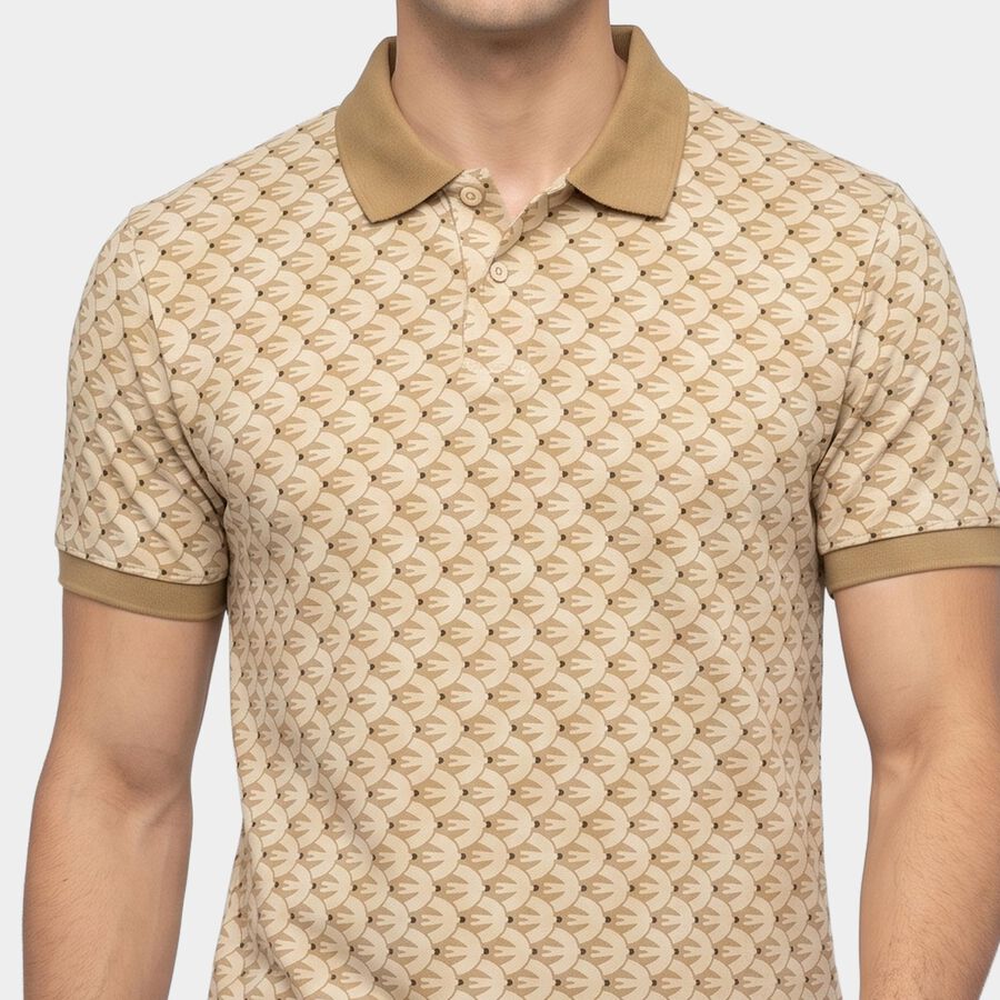 Men's Beige Cotton Polo Neck Printed T-Shirt, Beige, large