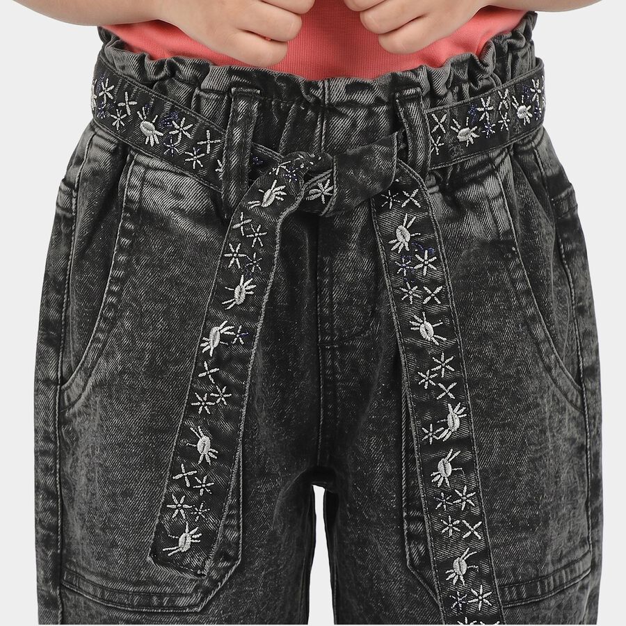 Girls' Black Jogger Fit Embroidered Belt Cargo Jeans, Black, large