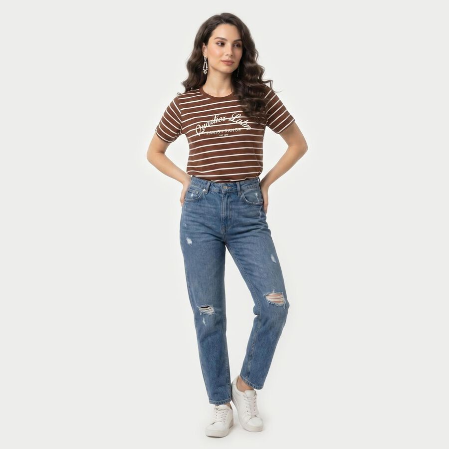 Women's Brown Round Neck Regular T-Shirt, Brown, large