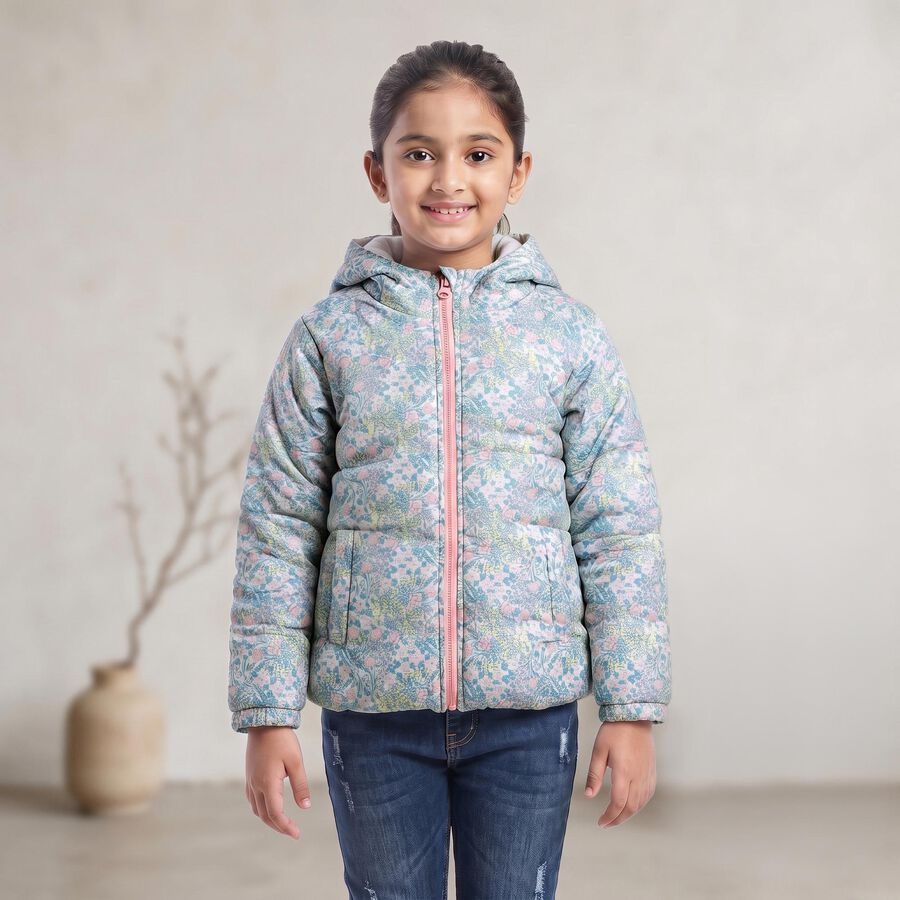 Girls' Light Blue Hooded Puffer Jacket, Light Blue, large