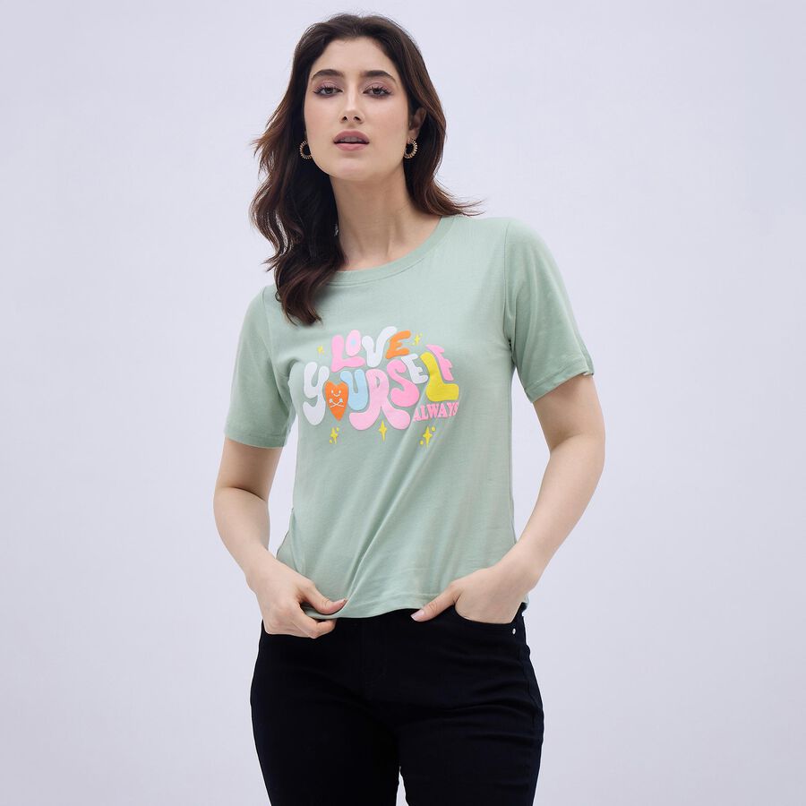 Women's Light Sage Green Cotton Round Neck Graphic T-Shirt, Light Green, large