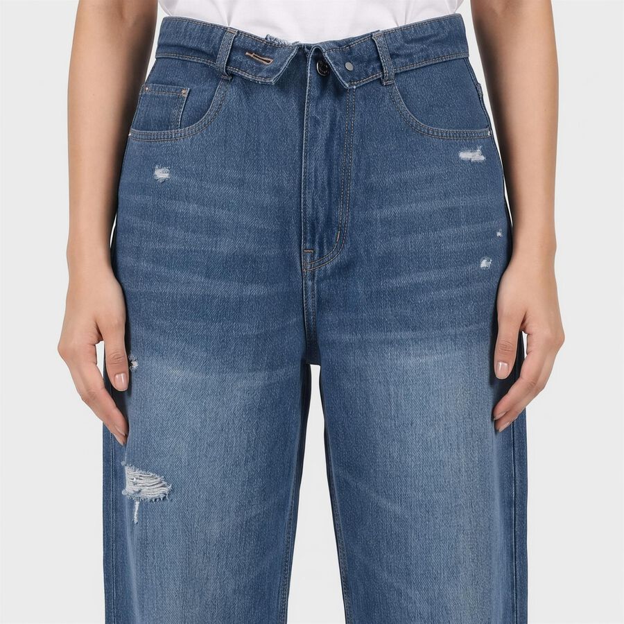 Women's Light Blue Straight Fit Distressed Jeans, हल्का नीला, large