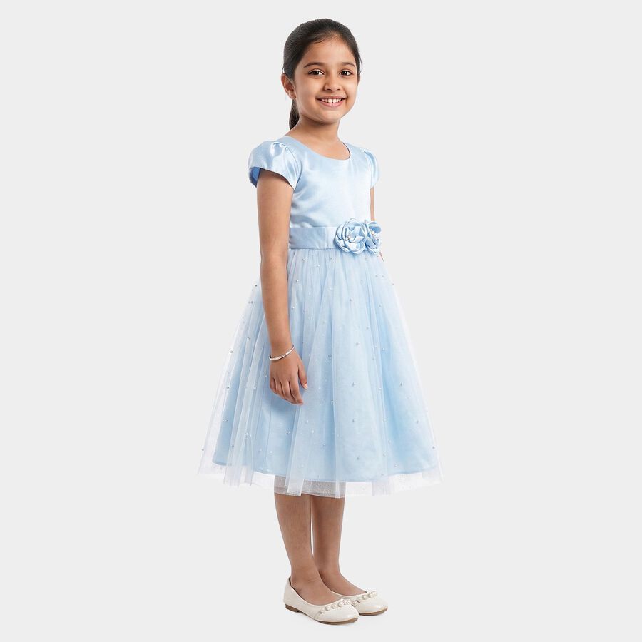 Girls' Light Blue Fit and Flare Rosette Waist Party Wear Frock, हल्का नीला, large