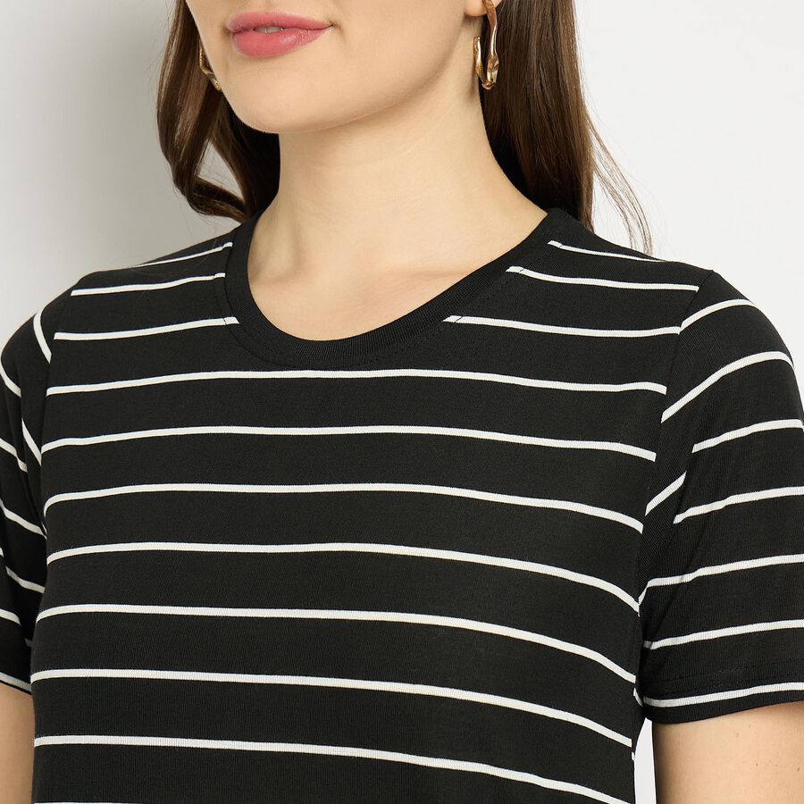 Ladies'  Stripes Round Neck T-Shirt, काला, large image number null
