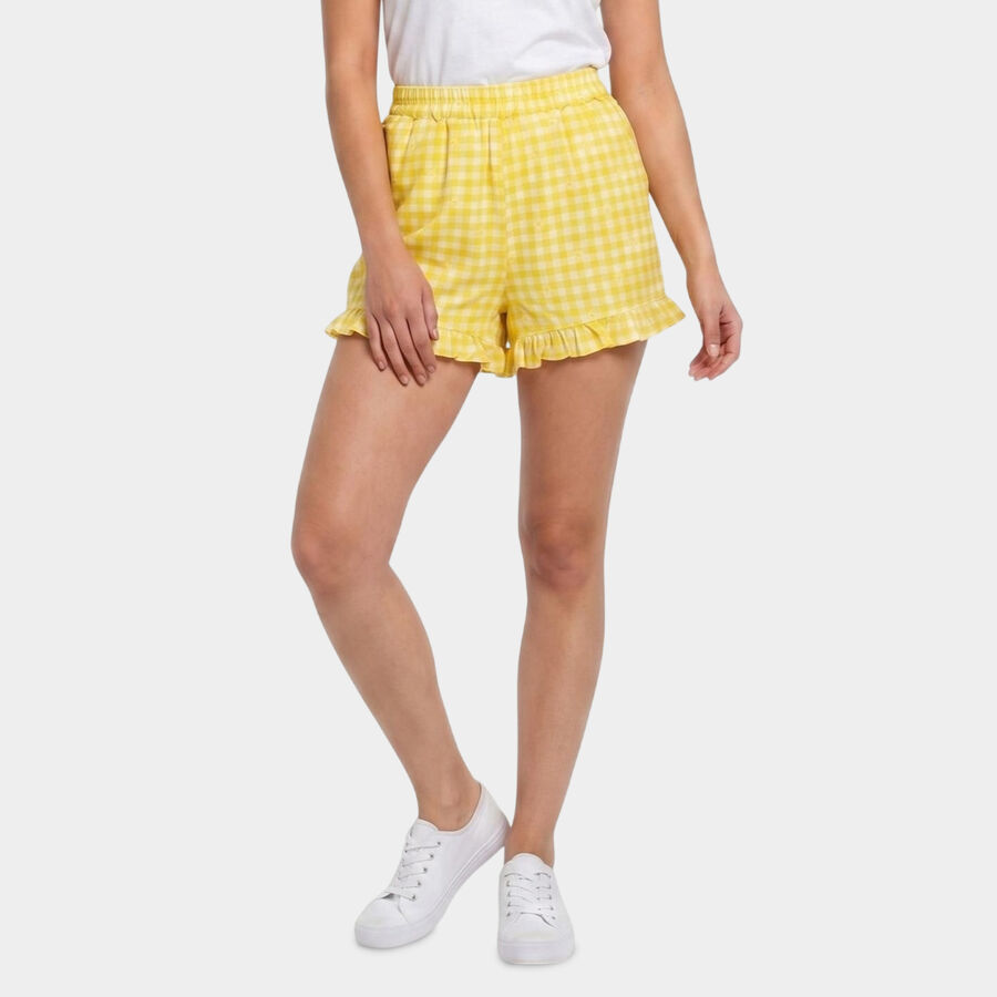 Women's Yellow Regular Fit Gingham Ruffle Hem Shorts, Yellow, large