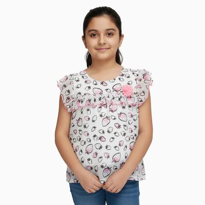 Girls White Round Neck Casual Printed T-Shirt