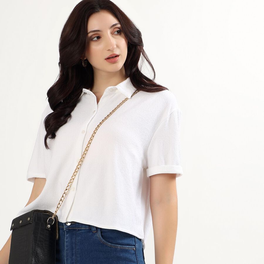 Women's Bright White Half Sleeve Classic Collar Casual Shirt, White, large