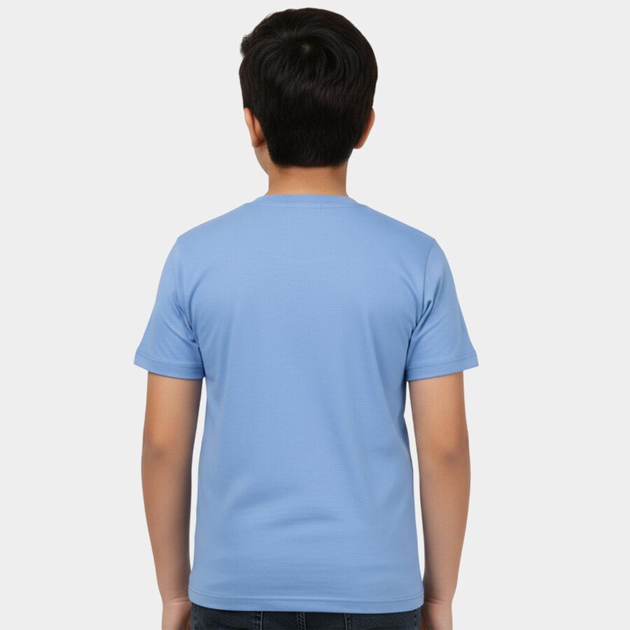 Boys' Navy Blue Round Neck Graphic Printed Casual T-Shirt, Mid Blue, large