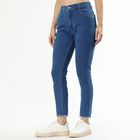 Women's Stonewashed Blue Slim Fit Frayed Hem Jeans, Mid Blue, small image number null