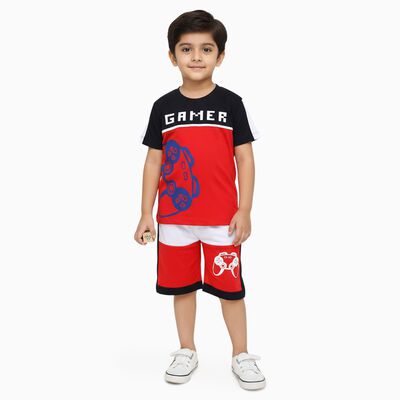 Boys' Red Cotton Round Neck Gamer Print Baba Suit