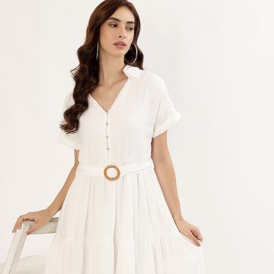Women's Soft Eggshell White V-Neck Casual Dress