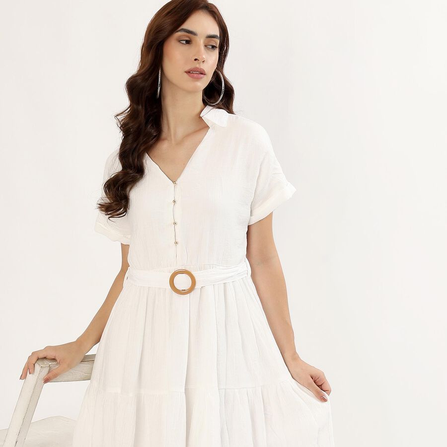 Women's Soft Eggshell White V-Neck Casual Dress, White, large image number null