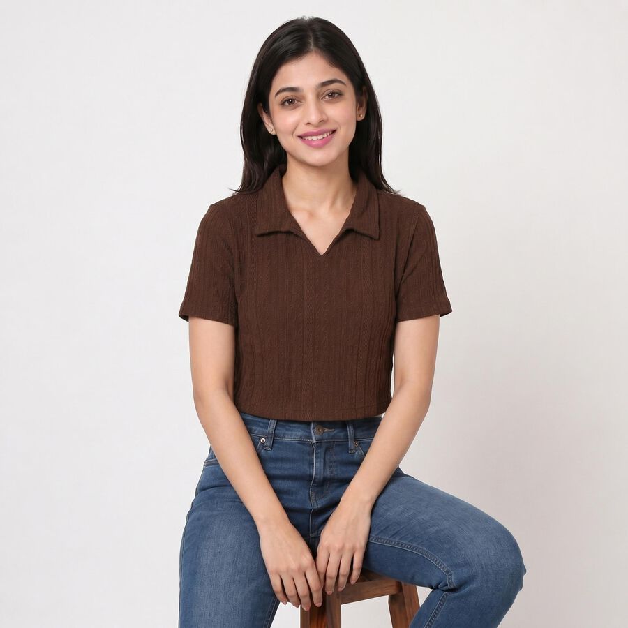 Women Brown Polo Neck Polo T-Shirt, भूरा, large