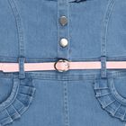 Girls' Light Denim Blue Sleeveless Ruffle Floral Embroidered Frock, Mid Blue, small image number null