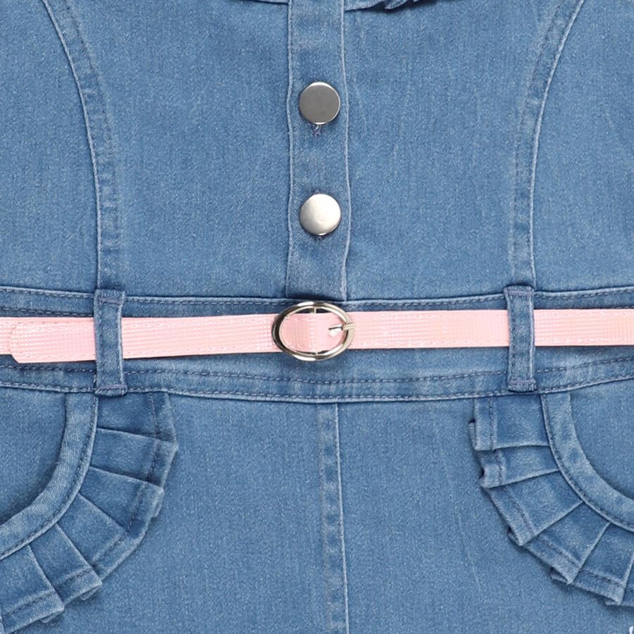 Girls' Light Denim Blue Sleeveless Ruffle Floral Embroidered Frock, Mid Blue, large image number null