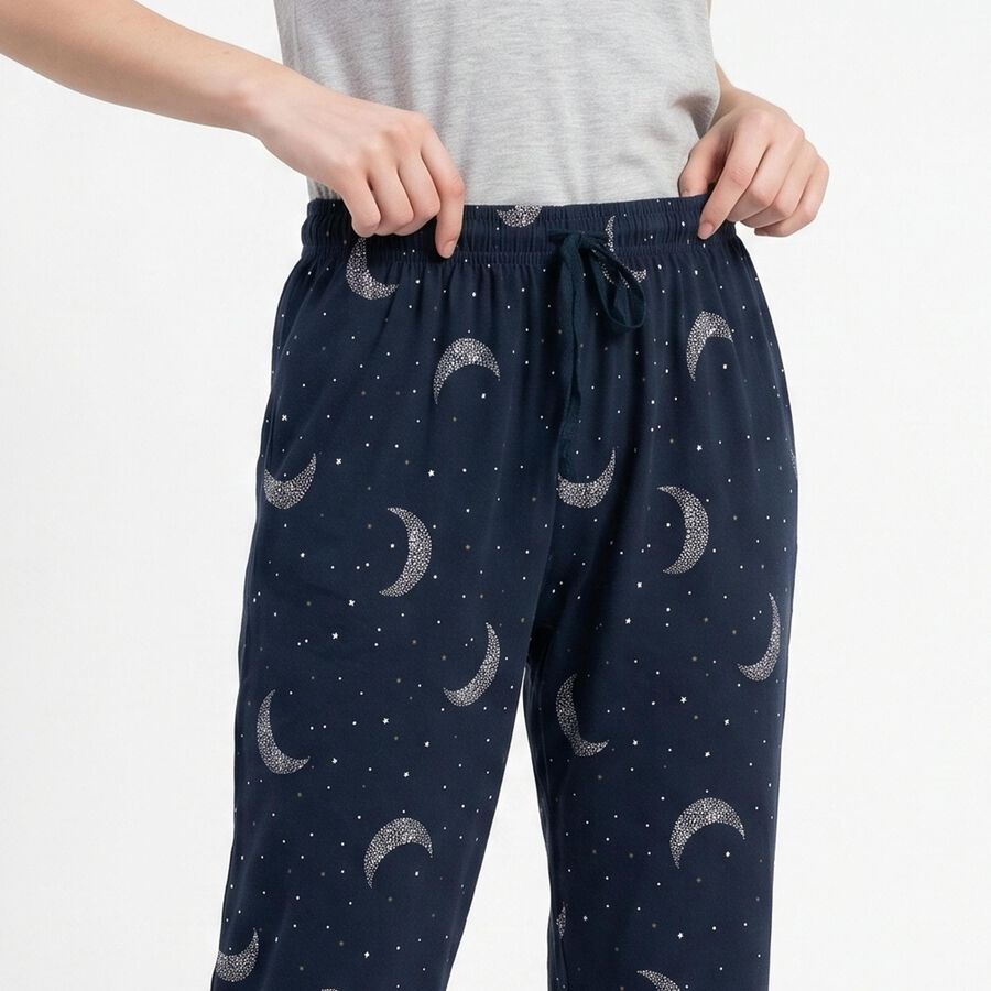 Women's Navy Blue Straight Fit Moon Print Pyjama, Navy Blue, large
