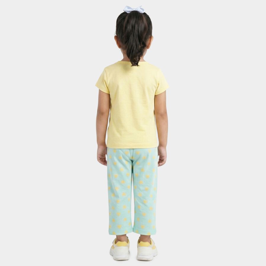 Girls Yellow Cotton Round Neck T Shirt and Capri Set, Yellow, large
