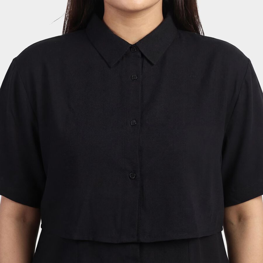 Women's Black Classic Collar Military Shirt, काला, large