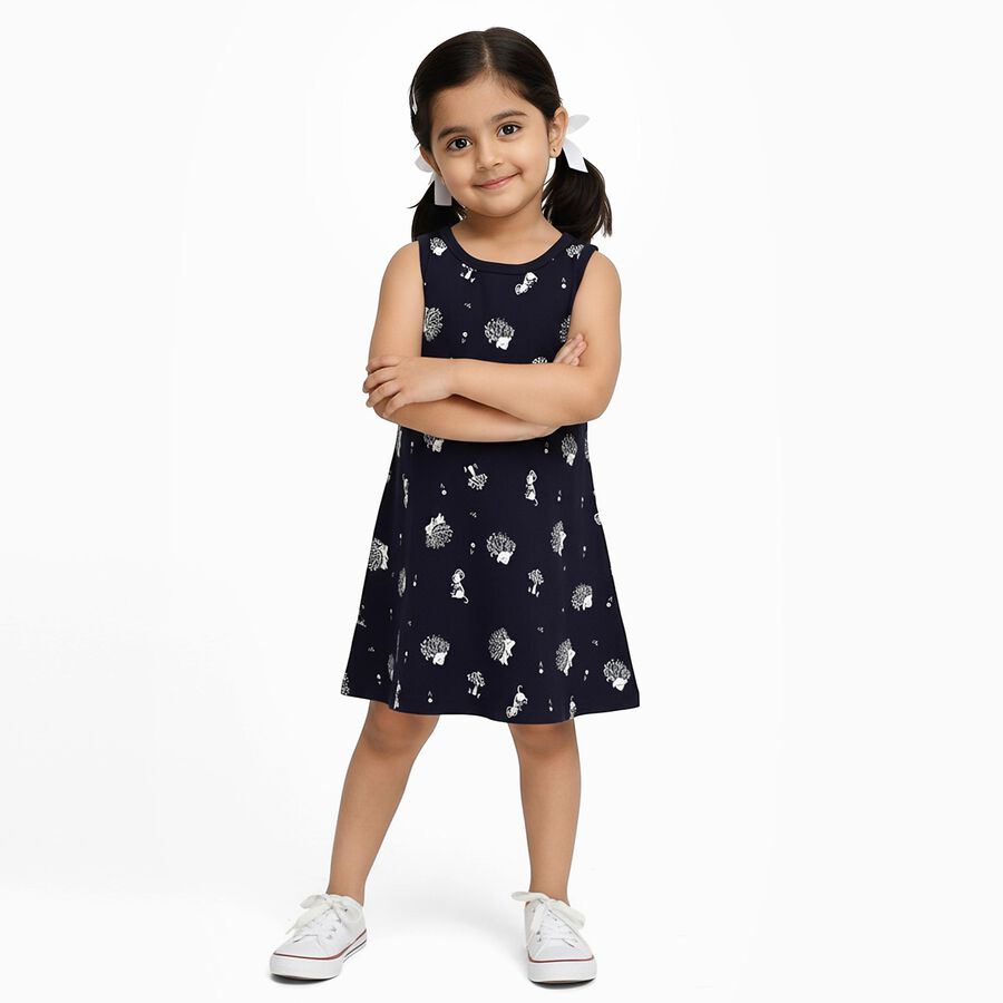 Girls' Navy Blue Printed Sleeveless A-Line Frock, Navy Blue, large image number null