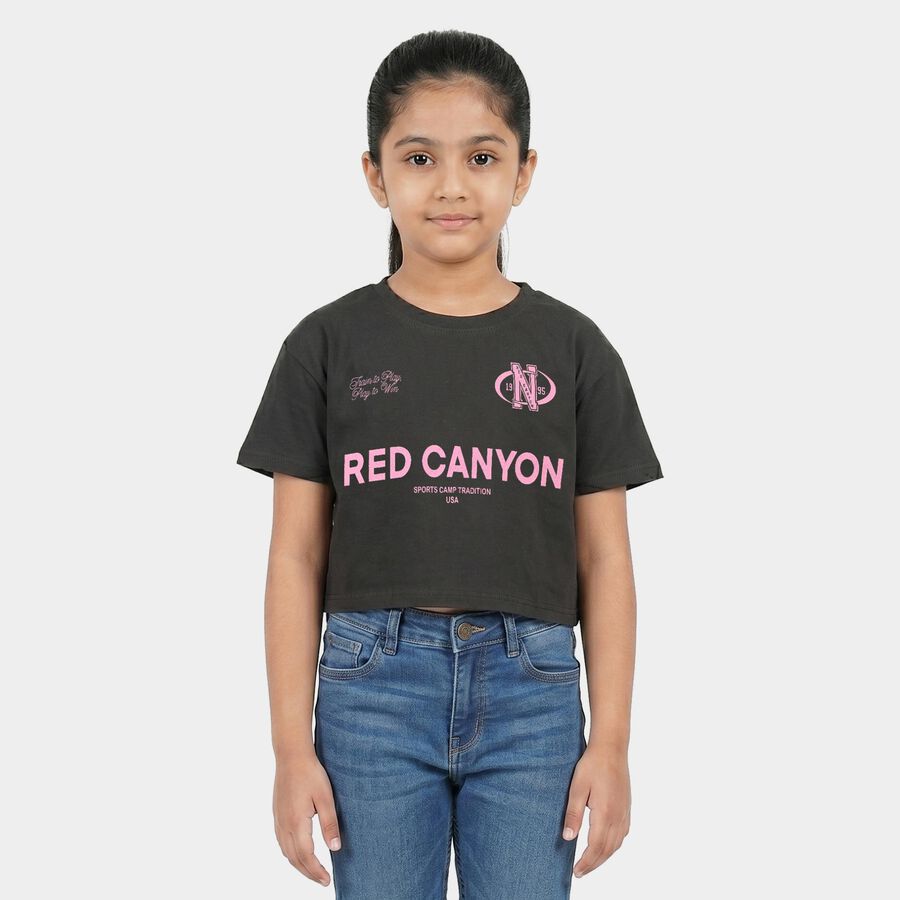 Girls Black Round Neck Crop T-Shirt, चारकोल, large