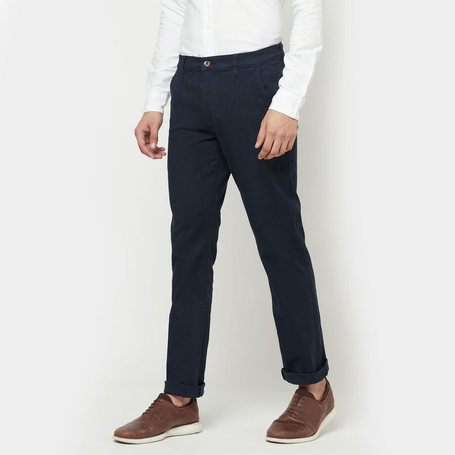 Solid Slim Fit Trousers, Navy Blue, large image number null