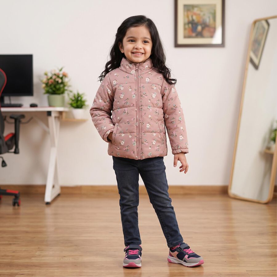 Girls' Pink Stand Collar Puffer Jacket, Pink, large