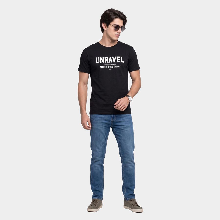 Men's Black Round Neck Regular Graphic Print T-Shirt, काला, large