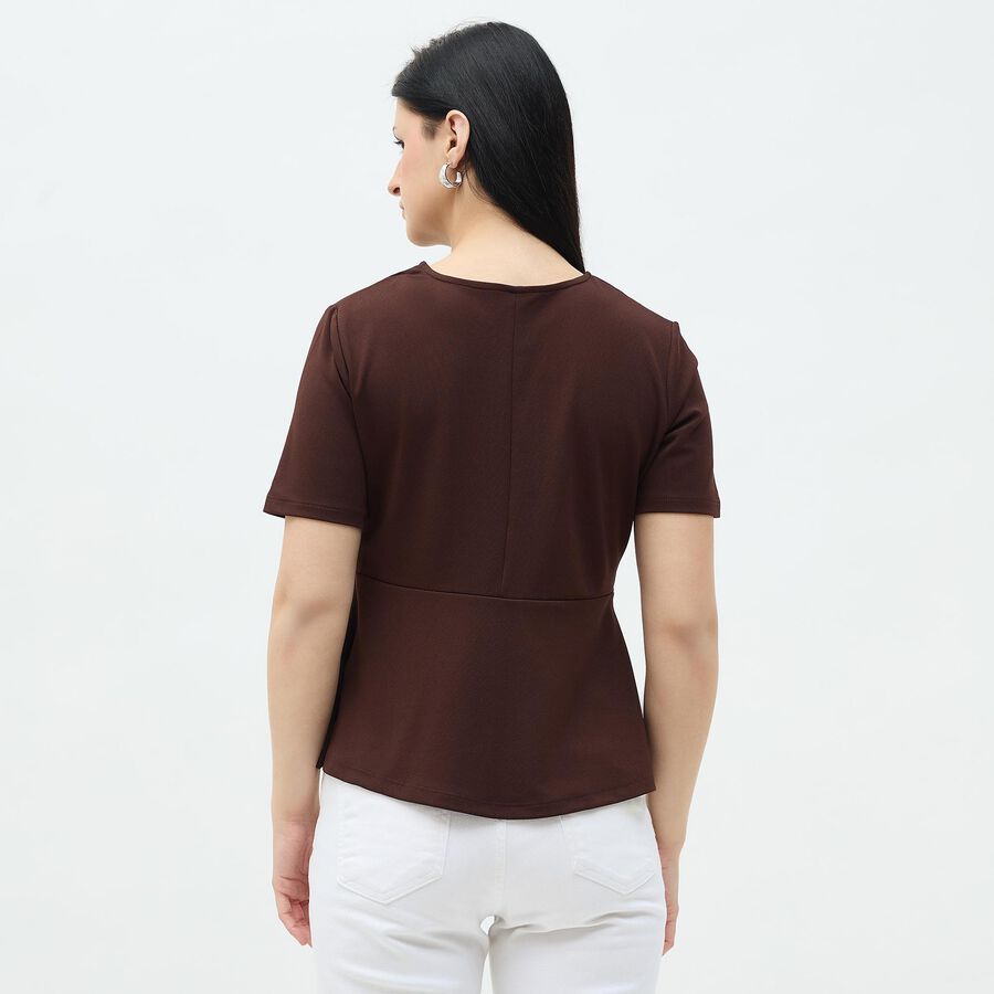 Women's Rich Chocolate Brown Round Neck Casual Peplum Top, Brown, large