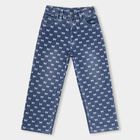 Girls' Stonewashed Blue Straight Fit Bow Print Jeans, मध्यम नीला, small image number null