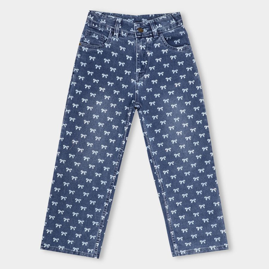 Girls' Stonewashed Blue Straight Fit Bow Print Jeans, मध्यम नीला, large image number null