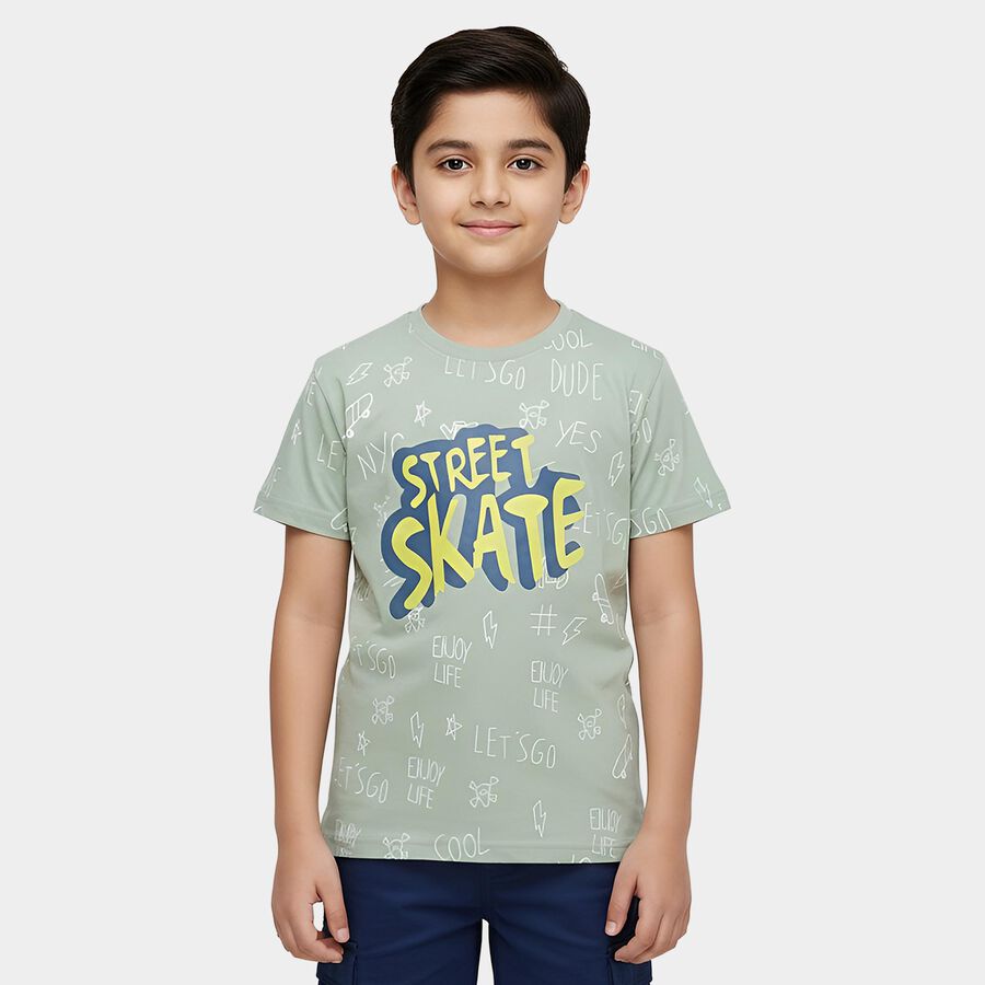 Boys Green Round Neck Graphic Printed T-Shirt, Light Green, large