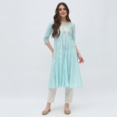 Women's Light Aqua Blue Embroidered Notch Neck Kurta