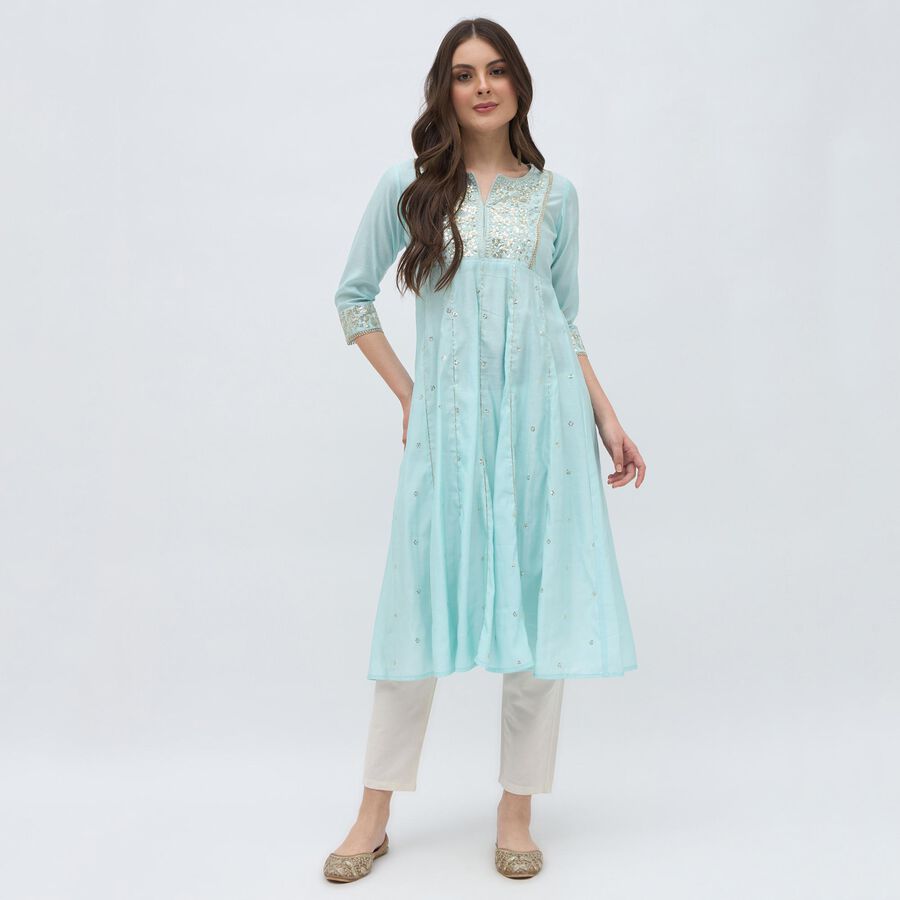Women's Light Aqua Blue Embroidered Notch Neck Kurta, हल्का नीला, large image number null