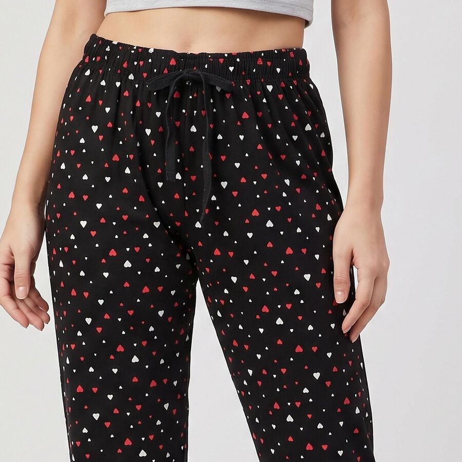 Women Black Straight Fit Heart Printed Pyjama, Black, large