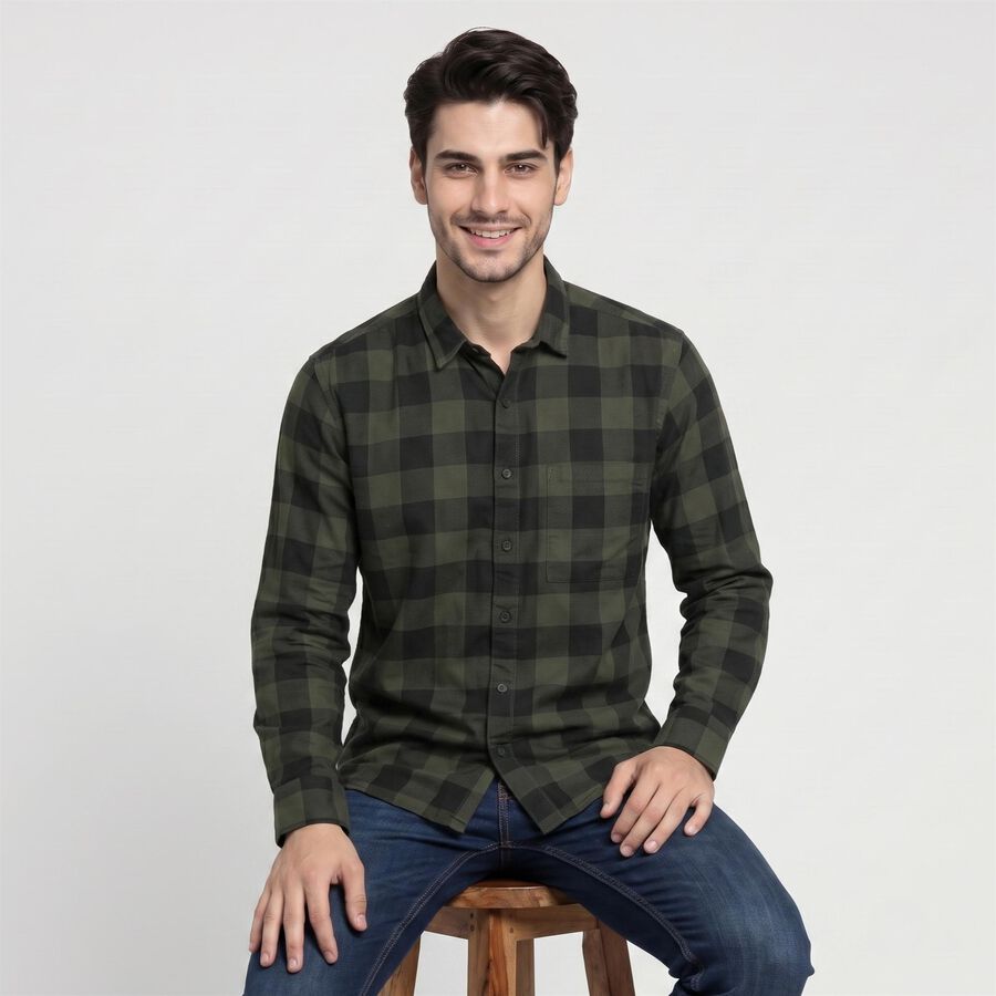 Men's Olive Green Cotton Long Sleeve Checked Shirt, Dark Green, large