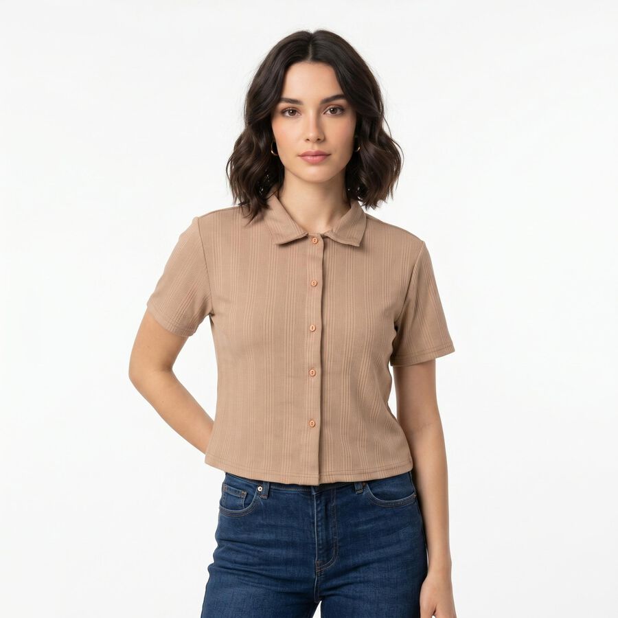Women Beige Solid Collared Regular Fit Shirt, गहरा पीला, large