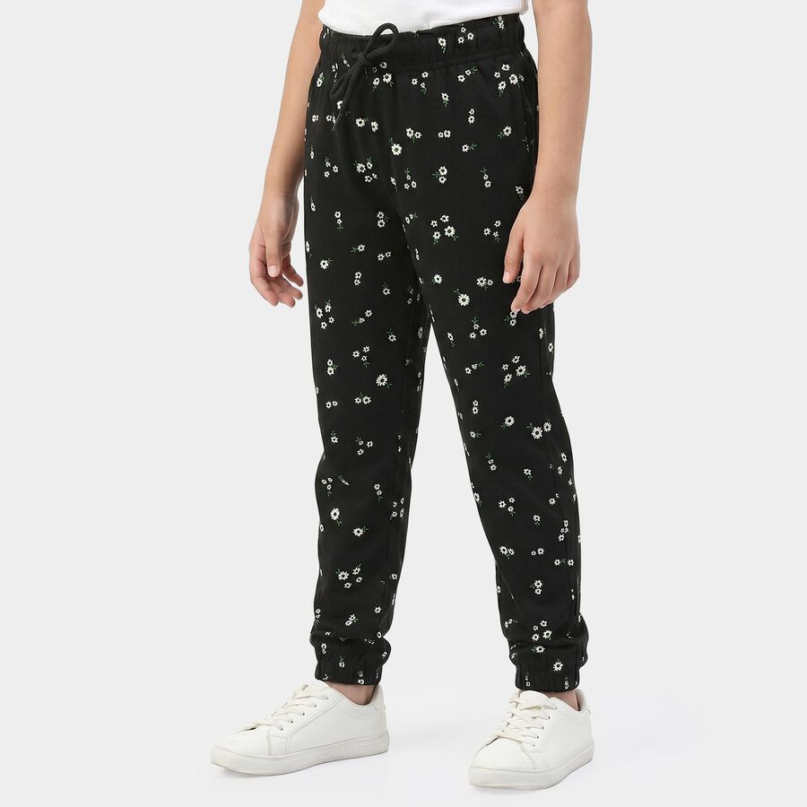 Girls' Black Jogger Floral Printed Cotton Blend Pyjama, Black, large