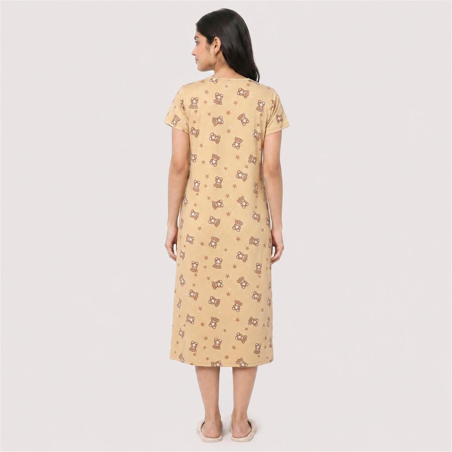 Women Beige Round Neck T-Shirt Style Nighty, Beige, large