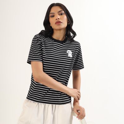 Women's Jet Black Cotton Round Neck Casual T-Shirt